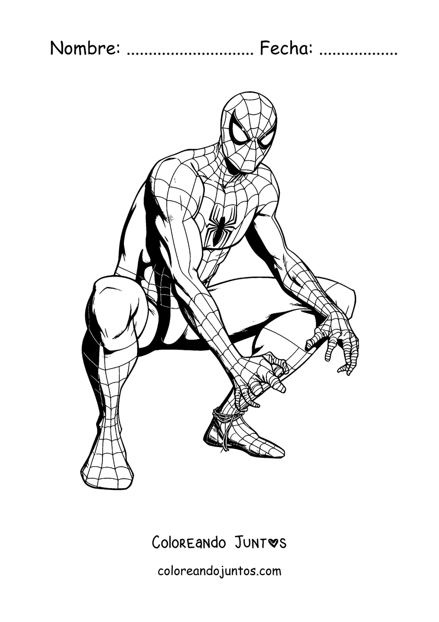 Imagen para colorear de Spider-Man agachado en una pose de superhéroe