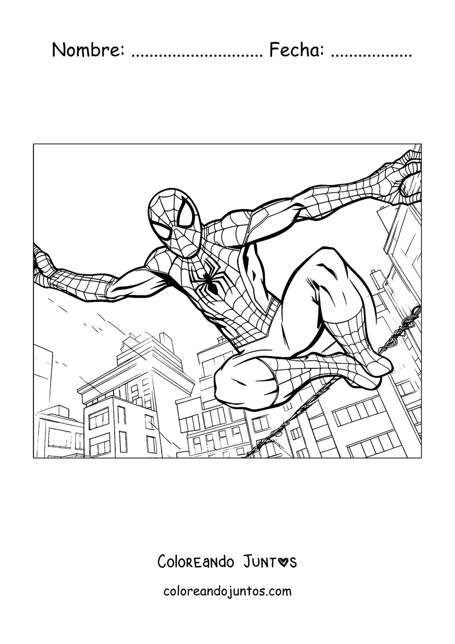 Imagen para colorear de Spider-Man saltando con los brazos abiertos entre los edificios