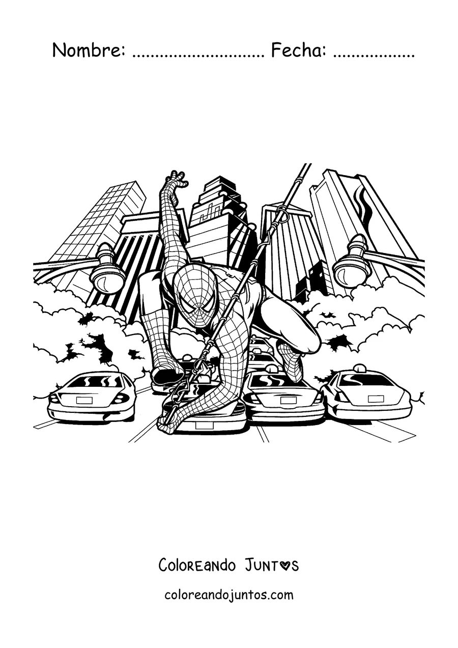 Imagen para colorear de Spider-Man agachado sobre los autos en una calle de la ciudad