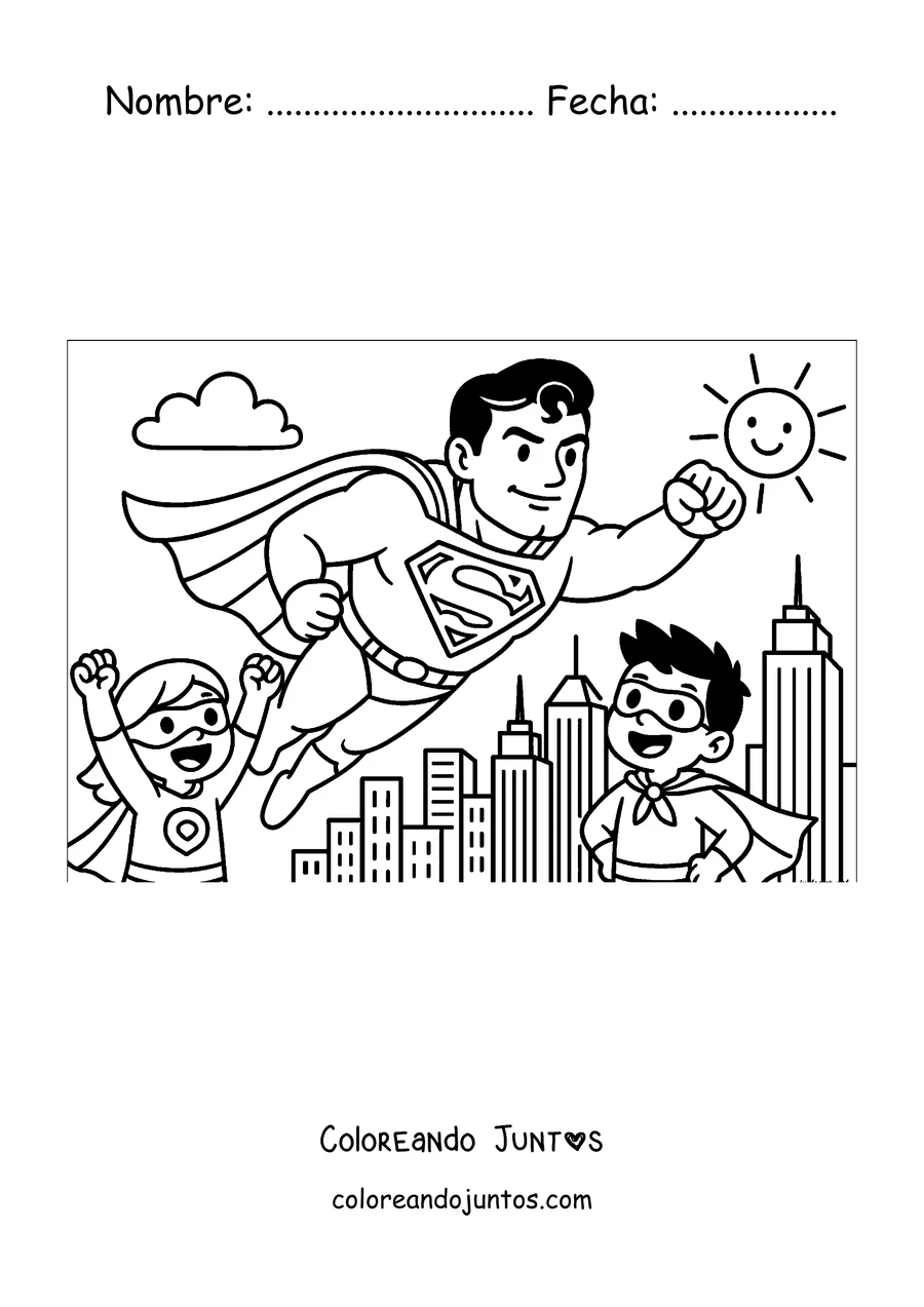 Imagen para colorear de Superman en caricatura volando sobre la ciudad con dos niños superhéroes