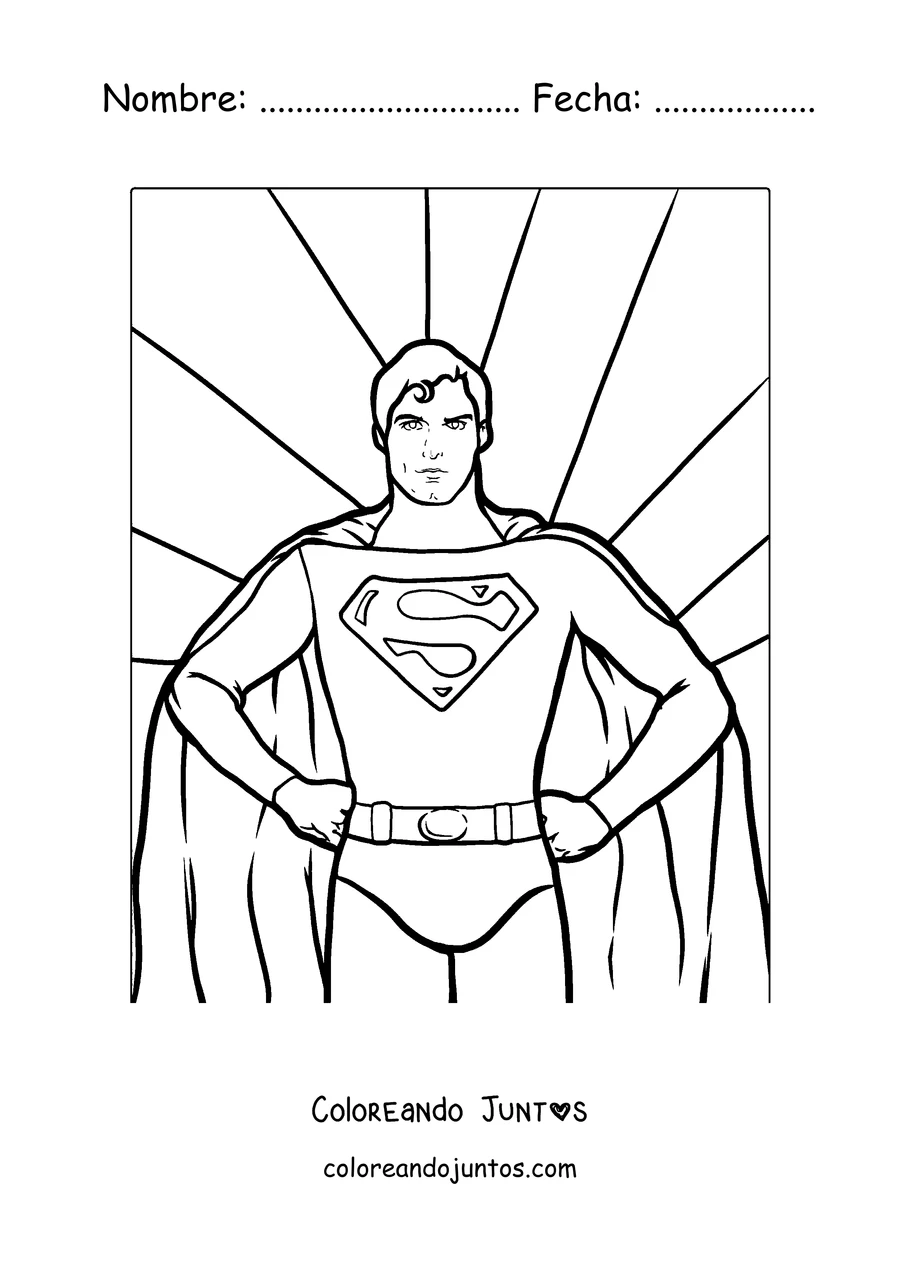 Imagen para colorear de Superman en pose heroica con rayos de fondo
