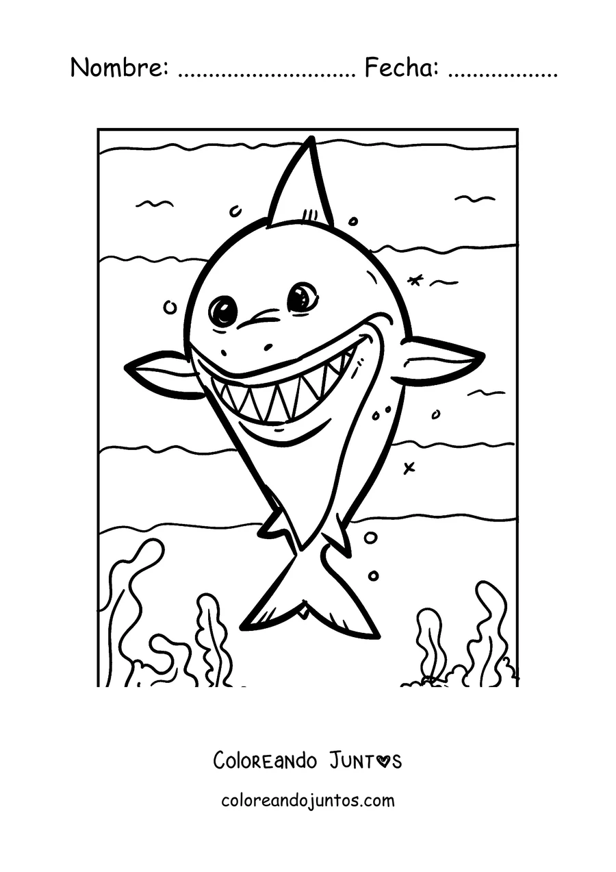 Imagen para colorear de un tiburón bebé con una gran sonrisa