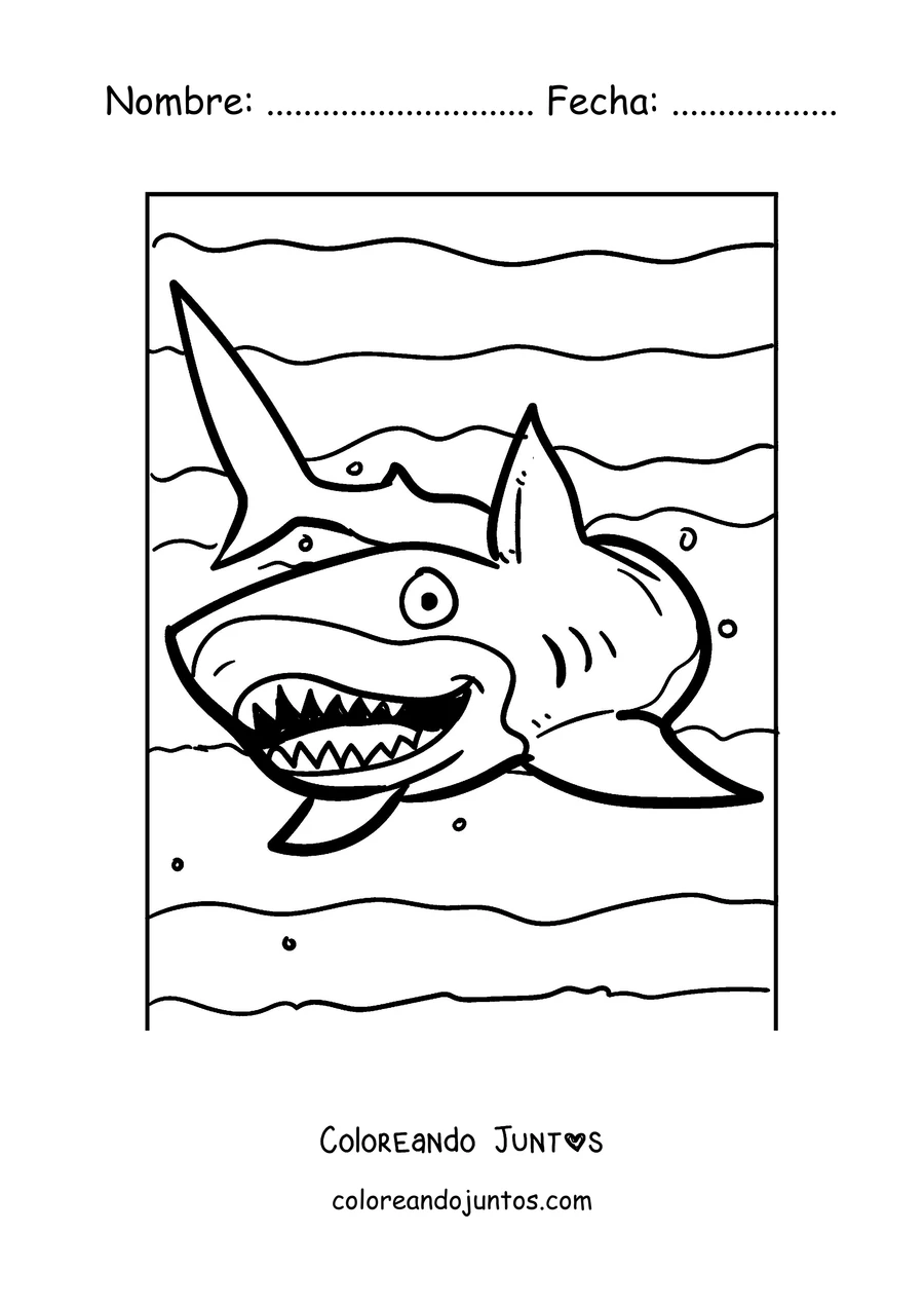 Imagen para colorear de un tiburón con la boca abierta y dientes filosos
