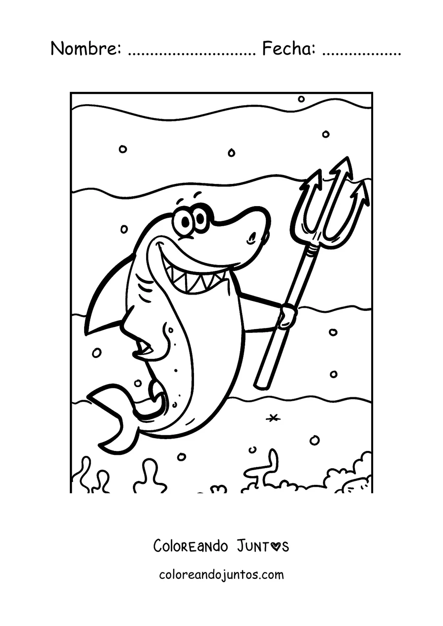 Imagen para colorear de un tiburón con un tridente como rey del mar