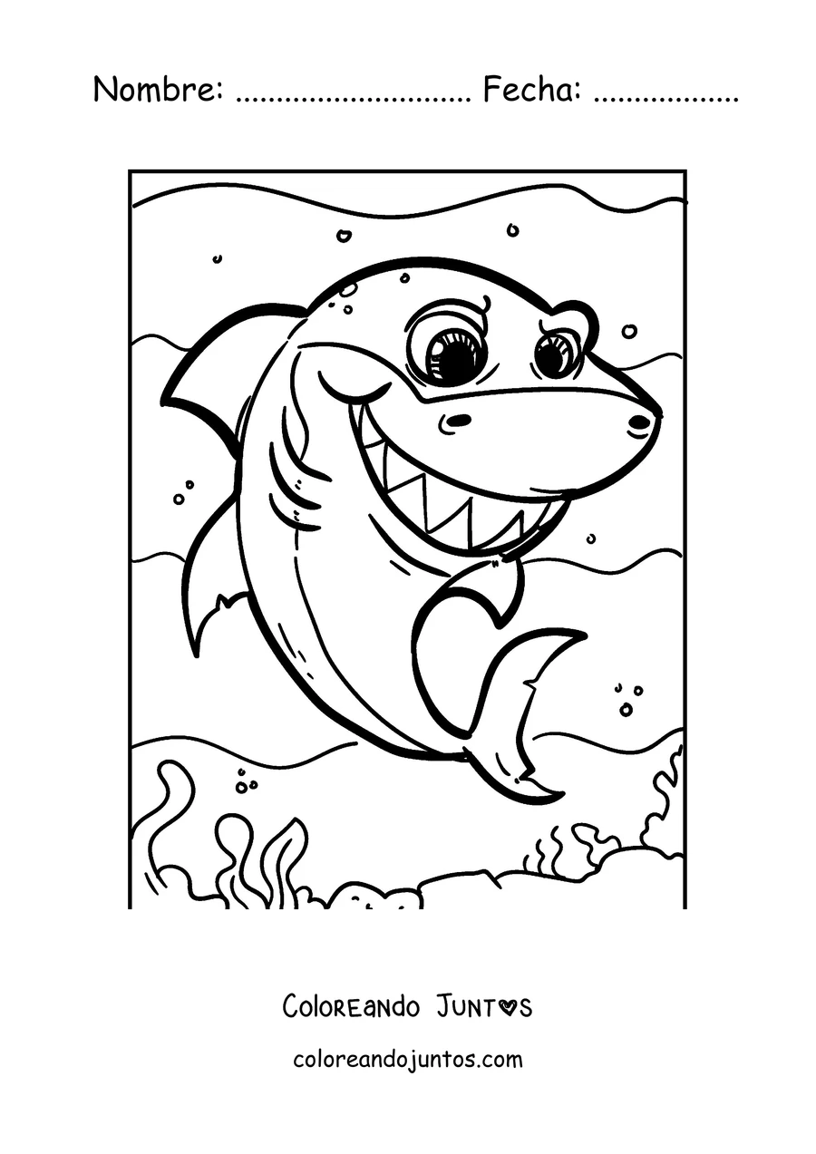 Imagen para colorear de un tiburón grande y alegre nadando