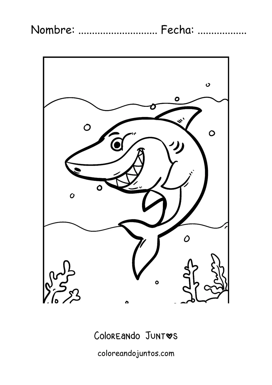 Imagen para colorear de un tiburón sonriente nadando entre burbujas