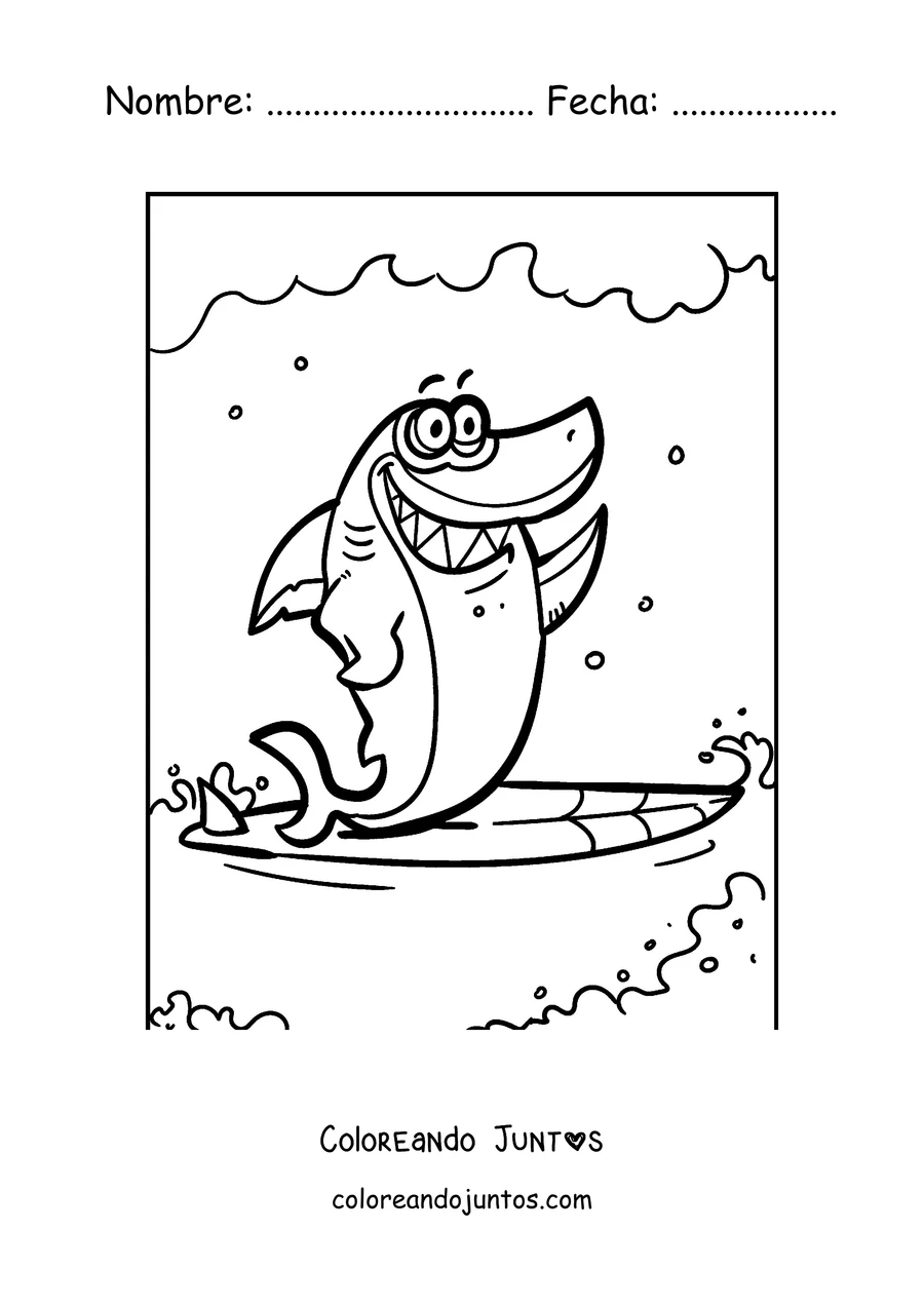 Imagen para colorear de un tiburón surfeando sobre una ola