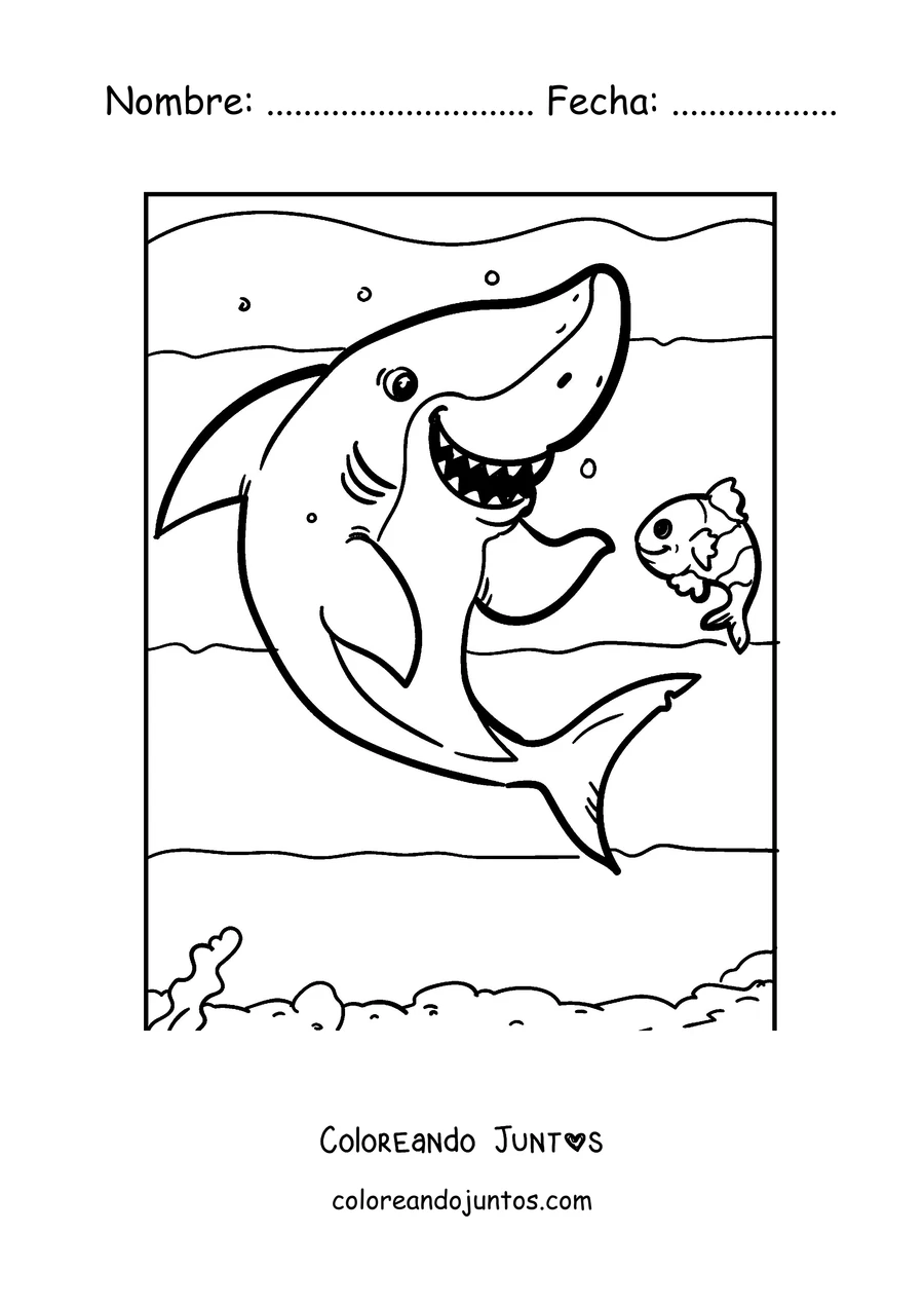 Imagen para colorear de un tiburón nadando junto a un pececito