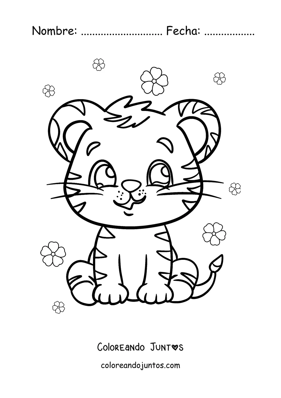 Imagen para colorear de un tigre bebé sentado entre flores