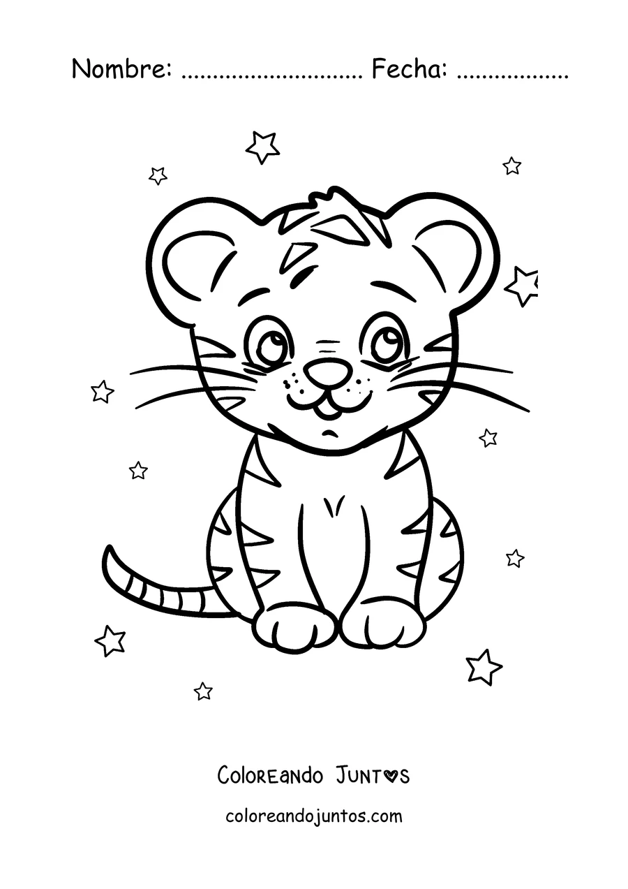Imagen para colorear de un tigre kawaii sentado entre estrellas