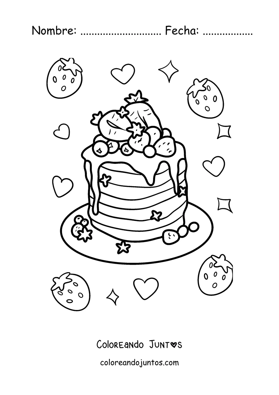 Imagen para colorear de una torre de panqueques con frutillas
