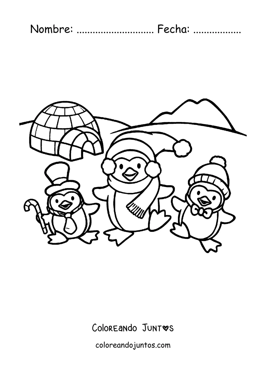Imagen para colorear de tres pingüinos jugando junto a un iglú
