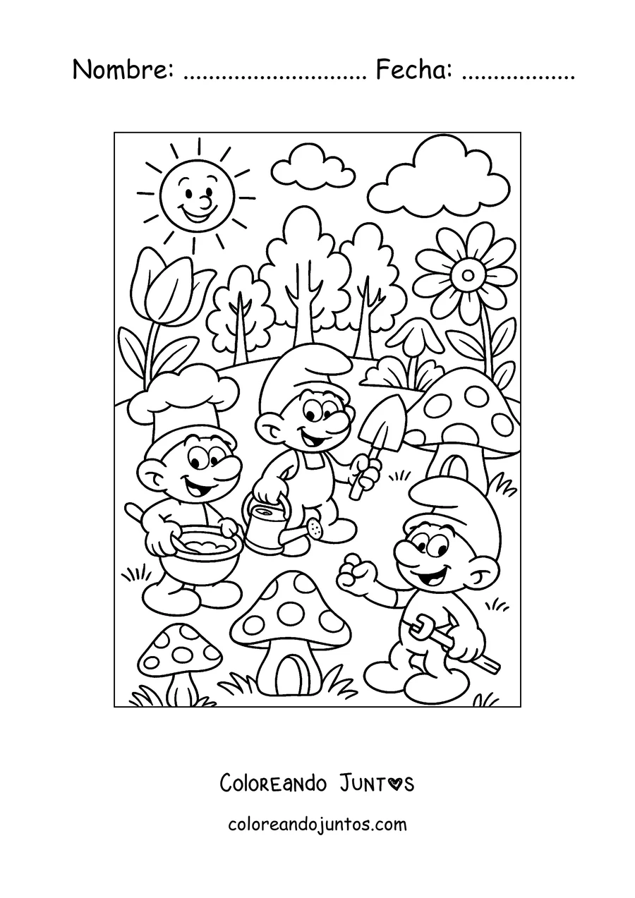 Imagen para colorear de tres Pitufos en el jardín de la aldea