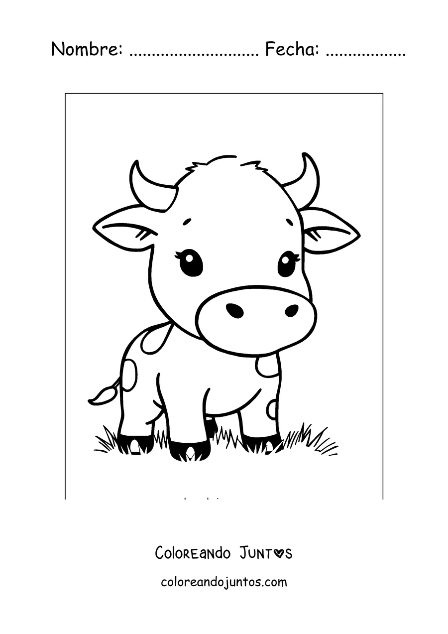 Imagen para colorear de vaquita chibi sentada en el pasto