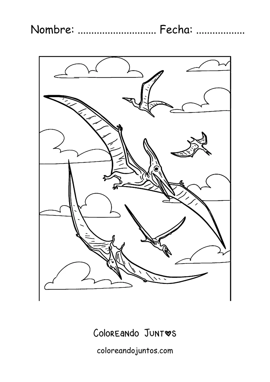 Imagen para colorear de varios pterodáctilos volando juntos en el cielo