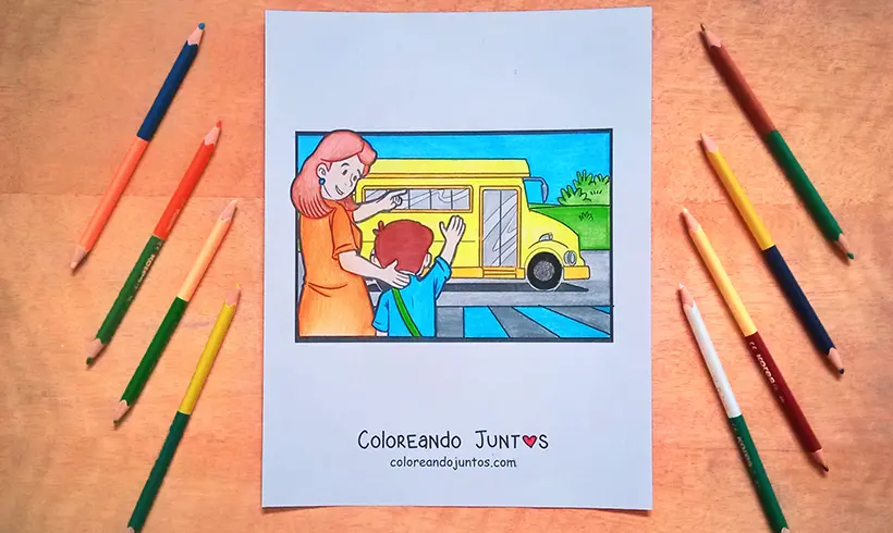 Escuela coloreada con la técnica del blanqueado