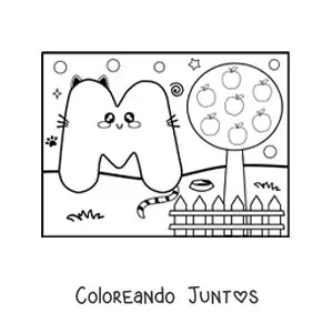 Imagen para colorear de la letra m animada con forma de gato en el parque