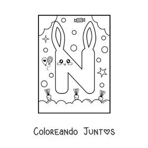 Imagen para colorear de letra n con forma de conejo kawaii animado