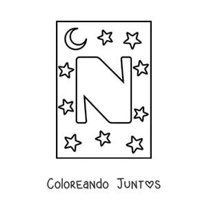 Imagen para colorear de letra n mayúscula con estrellas y una luna