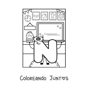 Imagen para colorear de la letra n animada en la escuela