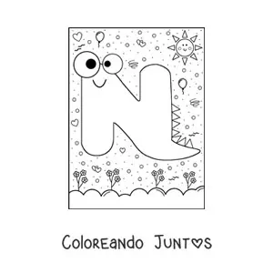 Imagen para colorear de la letra n animada con forma de monstruo con dibujos animados
