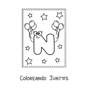Imagen para colorear de la letra n mayúscula animada con globos