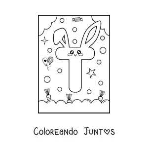 Imagen para colorear de letra t con forma de conejo kawaii animado