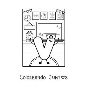 Imagen para colorear de la letra v animada en la escuela