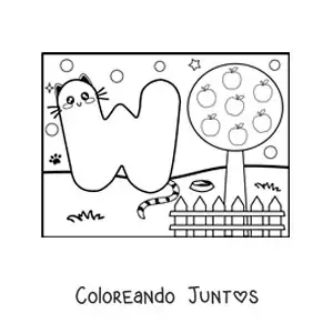Imagen para colorear de la letra w animada con forma de gato en el parque