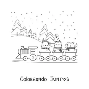 Imagen para colorear de tres osos animados en un tren