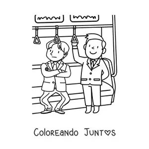 Imagen para colorear de dos hombres como pasajeros en un vagón del subterráneo
