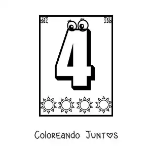 Imagen para colorear de ficha del número 4 animado para aprender a contar