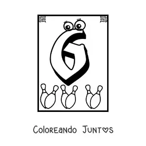 Imagen para colorear de ficha del número 6 animado para aprender a contar