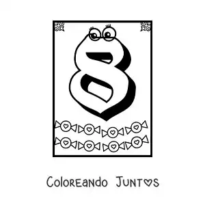 Imagen para colorear de ficha del número 8 animado para aprender a contar
