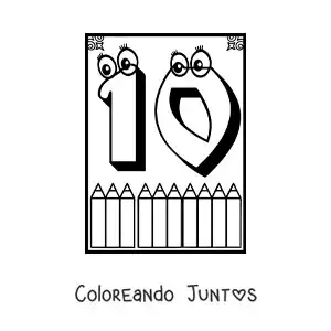 Imagen para colorear de ficha del número 10 animado para aprender a contar