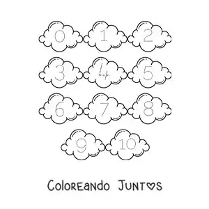 Imagen para colorear de actividad para trazar los números del 1 al 10 con nubes