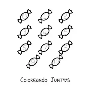 Imagen para colorear de actividad para trazar los números del 1 al 10 con caramelos