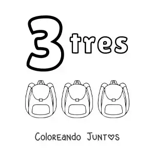 Imagen para colorear de ficha del número 3 para aprender a contar con dibujos divertidos