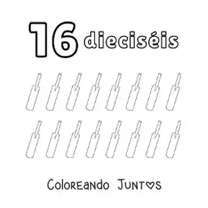 Imagen para colorear de ficha del número 16 para aprender a contar con dibujos divertidos