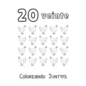 Imagen para colorear de ficha del número 20 para aprender a contar con dibujos divertidos