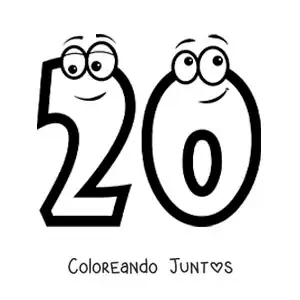 Imagen para colorear del número 20 animado para niños