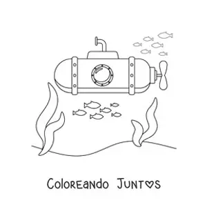 Imagen para colorear de un submarino alargado animado en el fondo del mar