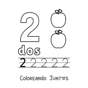 Imagen para colorear del número 2 con objetos para aprender a contar y trazar
