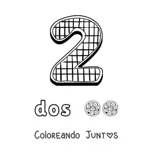 Imagen para colorear del número 2 animado con forma de galleta y objetos para contar