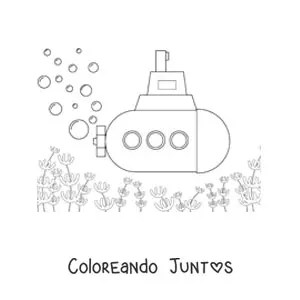 Imagen para colorear de un submarino en el fondo del mar con burbujas y peces
