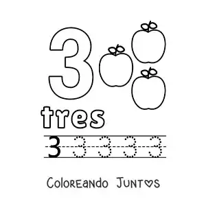 Imagen para colorear del número 3 con objetos para aprender a contar y trazar