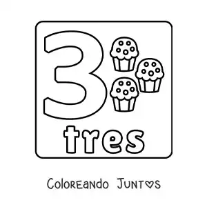 Imagen para colorear del número 3 con objetos para aprender a contar