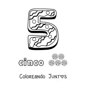 Imagen para colorear del número 5 animado con forma de galleta y objetos para contar