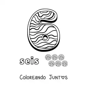 Imagen para colorear del número 6 animado con forma de galleta y objetos para contar