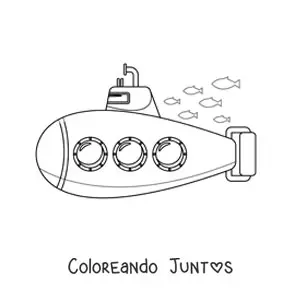 Imagen para colorear de un submarino de tres ventanas junto a un cardumen de peces